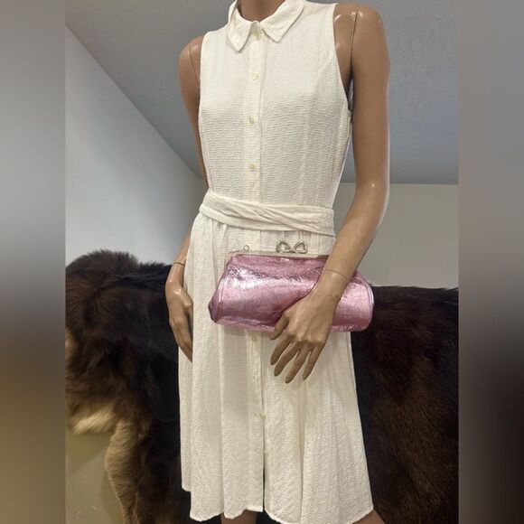 Metallic Pink Leather Handmade "Bow" Kisslock Baguette Bag, Multi Use Style - Picture 13 of 16